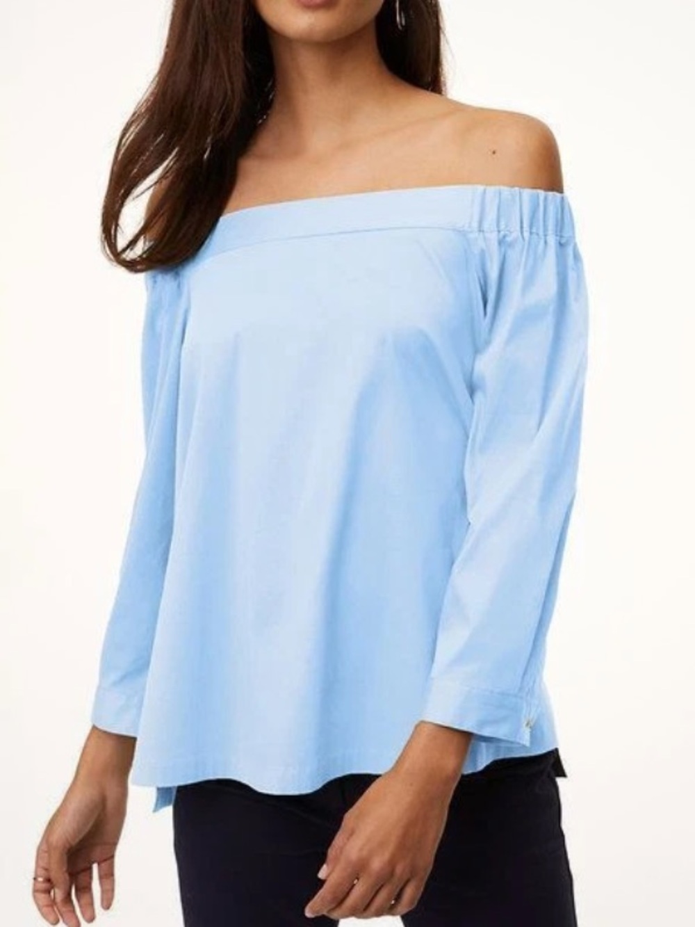 Loft Off Shoulder Cotton Buttoned in Back Blouse Medium Blue NWT
